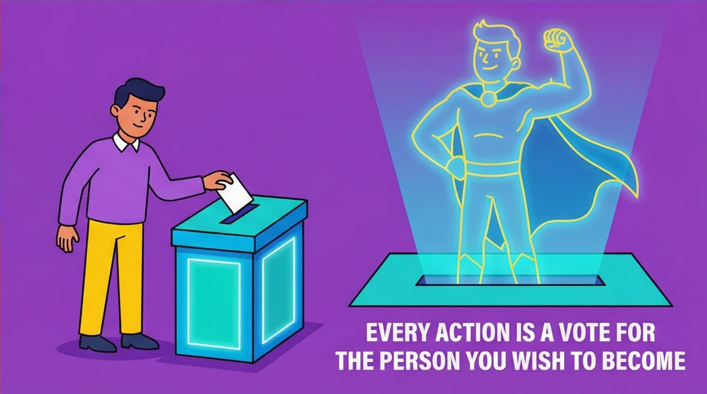 A character casting a vote for their future self, symbolizing how identity-based habits from Atomic Habits quotes shape who you become.