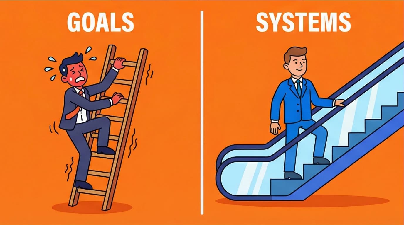 An illustration comparing the unreliability of goals versus the stability of systems, a key concept from the book Atomic Habits about making progress.