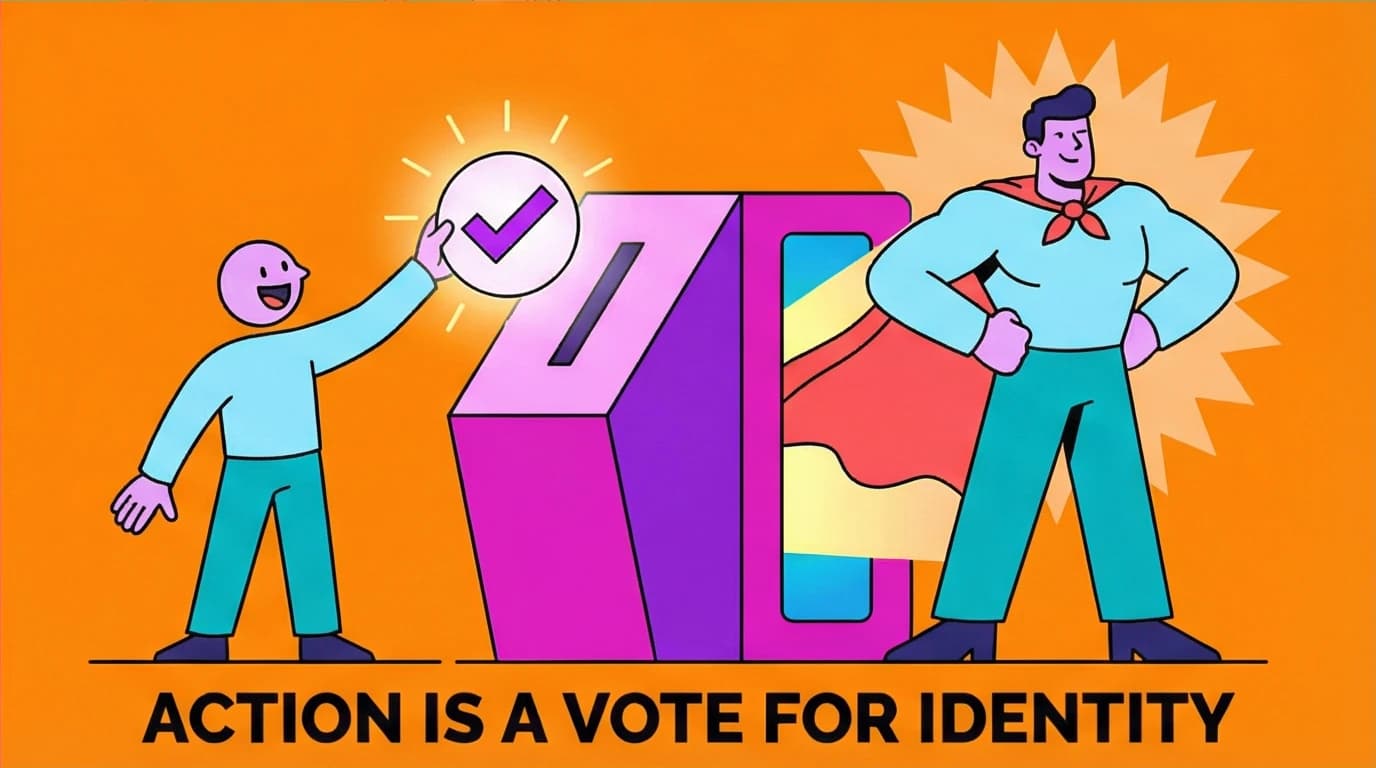 A character casting a 'vote' for their future self, representing the concept of identity-based habits from James Clear's quotes.