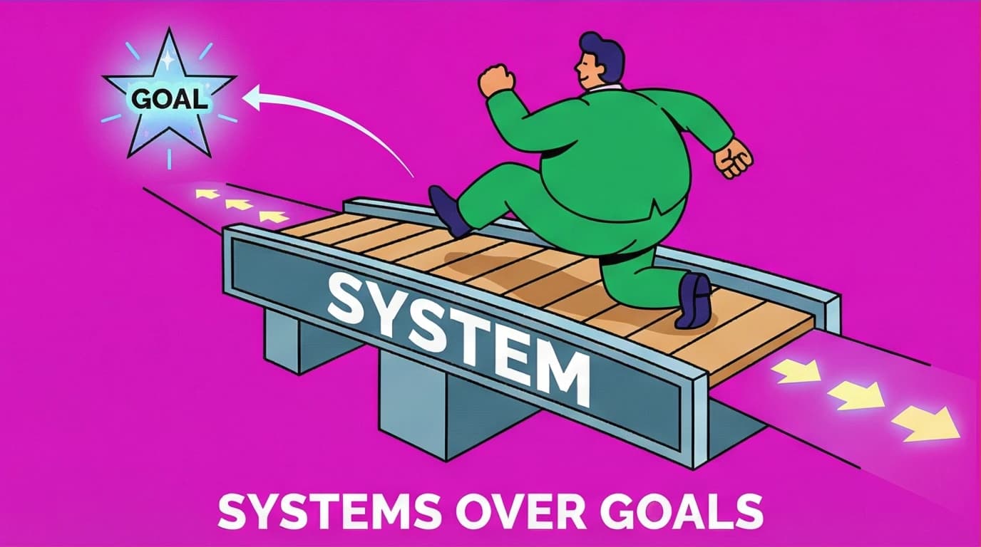 A visual metaphor for the 'systems over goals' quote from Atomic Habits, with a strong system supporting a person's ambitions.