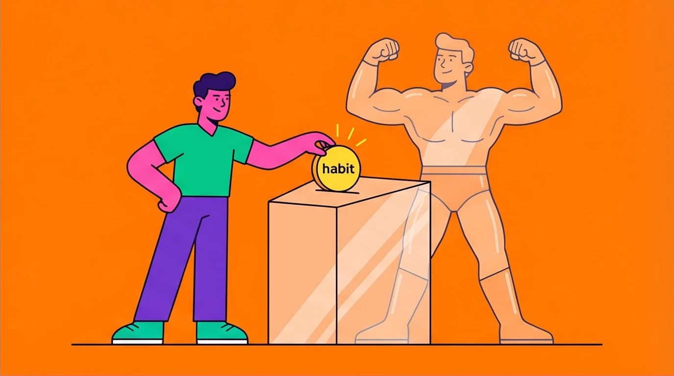 A character votes for their future self, a visual metaphor for identity change through daily habits, inspired by James Clear's quotes.