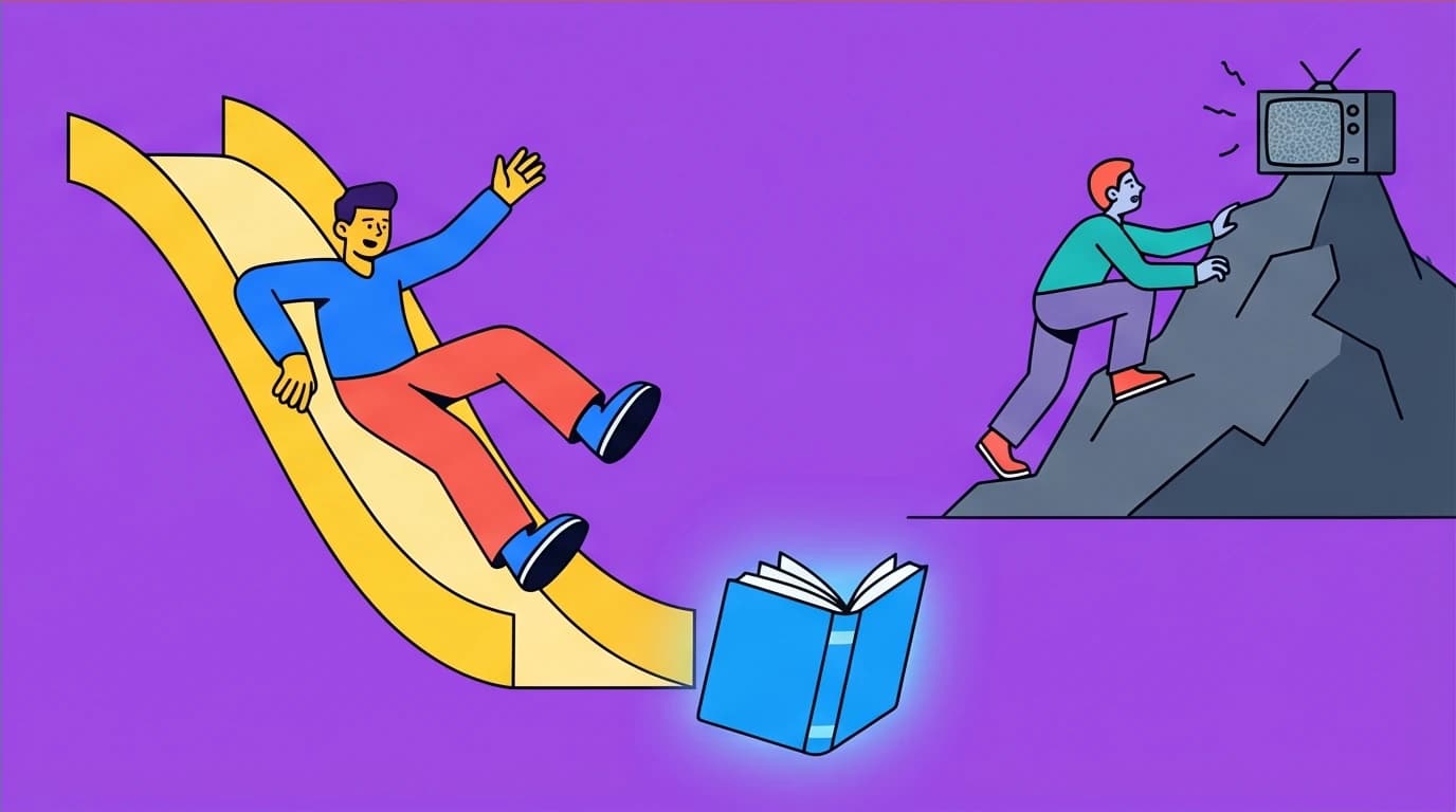 A metaphor for building systems over willpower for habit formation, showing an easy path to good habits and a hard path to bad ones.