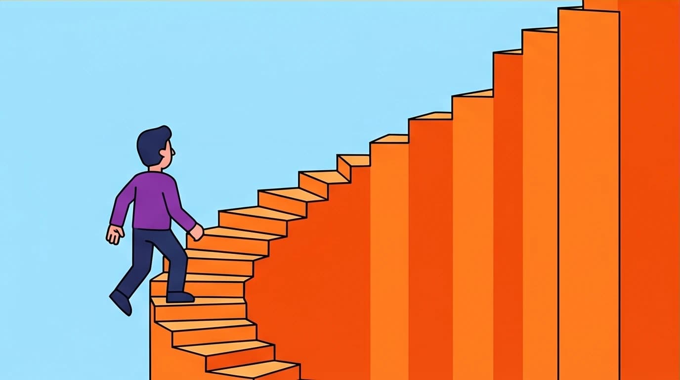 An illustration of the compounding effect from 'Atomic Habits', showing how 1% daily improvement leads to exponential growth over time, like climbing a staircase with growing steps.