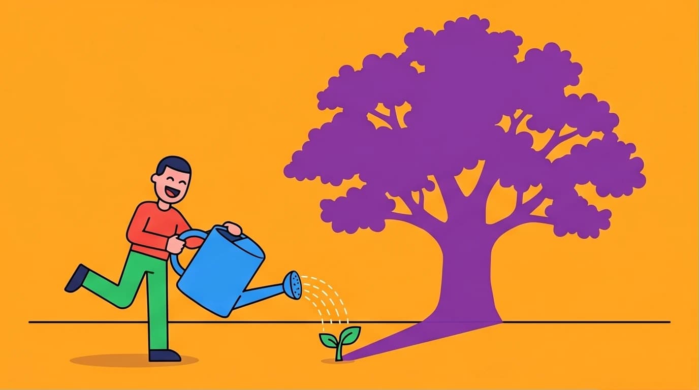 An illustration of the core concept of 'Atomic Habits': a small daily action, like watering a sprout, leading to massive long-term growth represented by a giant tree's shadow.