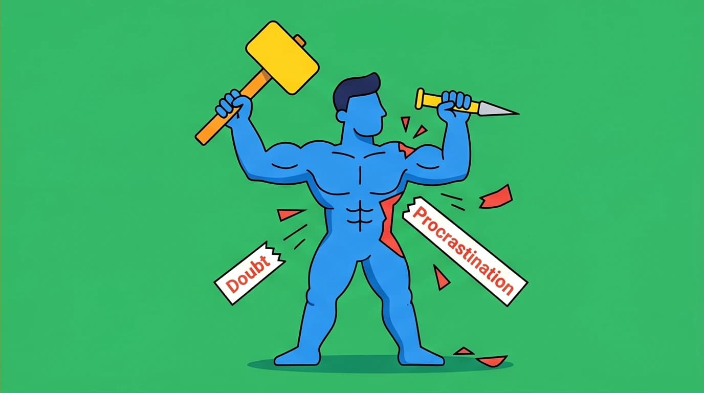 Visualizing identity-based habits from 'Atomic Habits', where a person actively shapes their own identity, breaking away from old self-doubts to build a new self.
