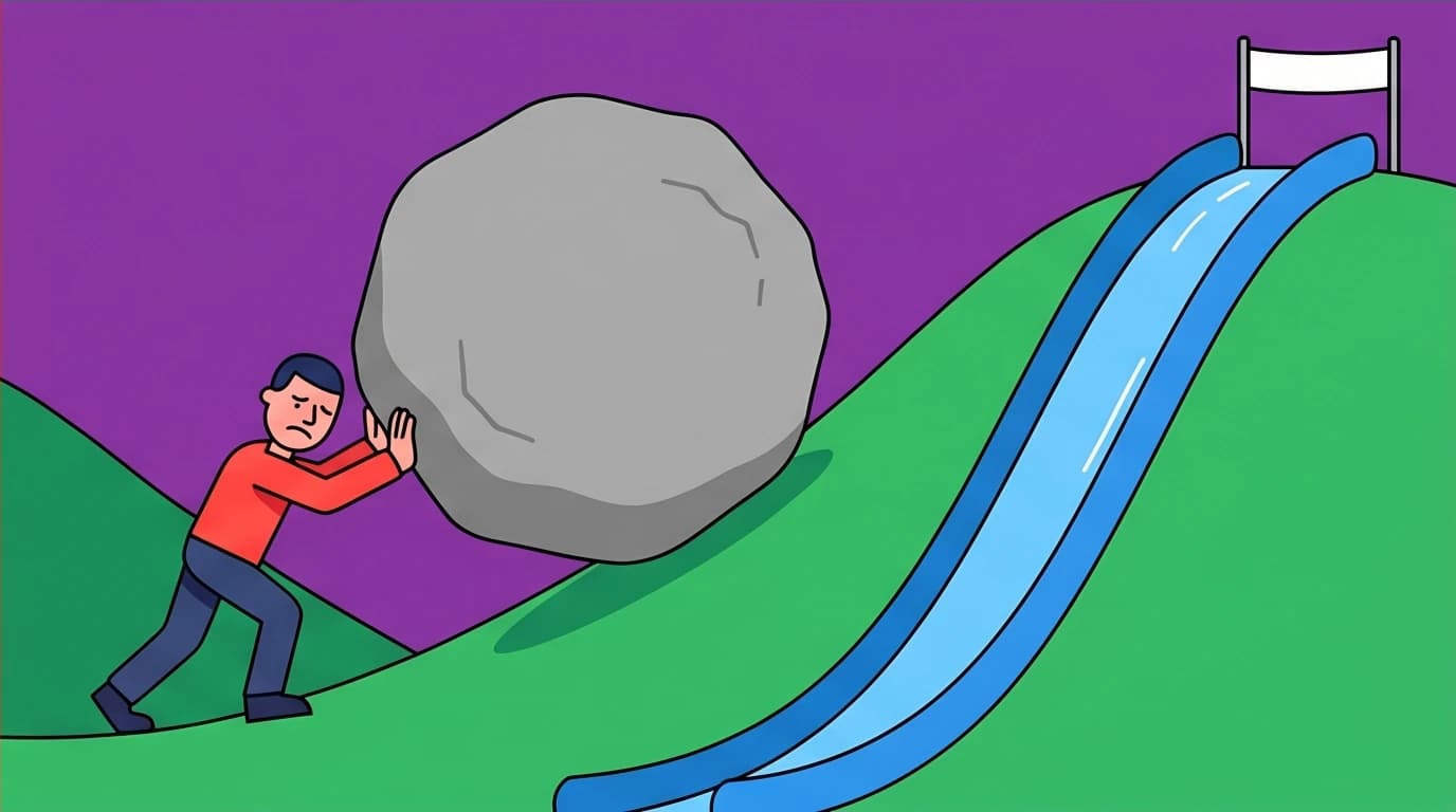 A metaphor for the 'Plateau of Latent Potential' in 'Atomic Habits', showing a person's persistent effort about to lead to a major breakthrough, encouraging perseverance through hard times.