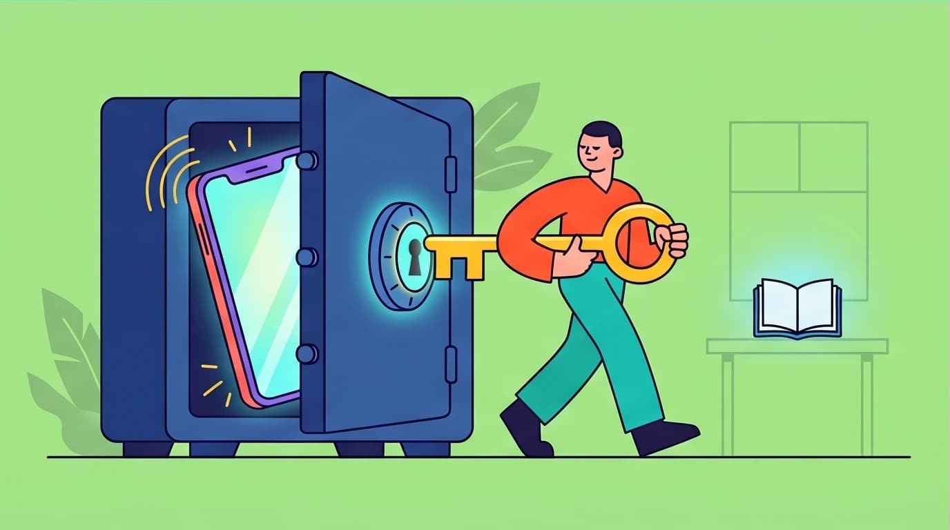 Illustration of breaking bad habits by locking away a distracting smartphone, applying the environmental design principle from 'Atomic Habits'.