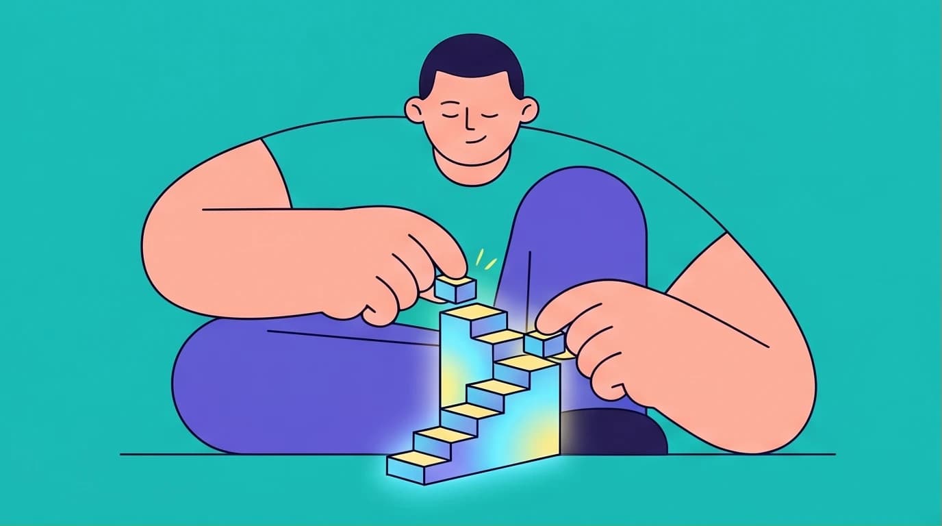 An illustration of a person systematically building good habits block by block, inspired by the book 'Atomic Habits' by James Clear.