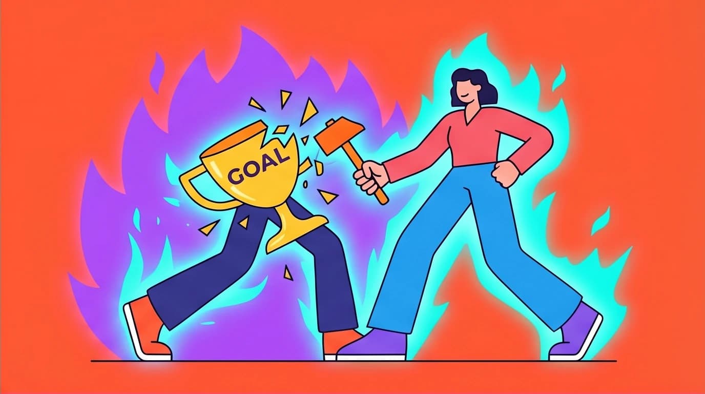 A character smashes a 'goal' trophy to embrace an identity-based approach to habits, a core concept from the book 'Atomic Habits'.