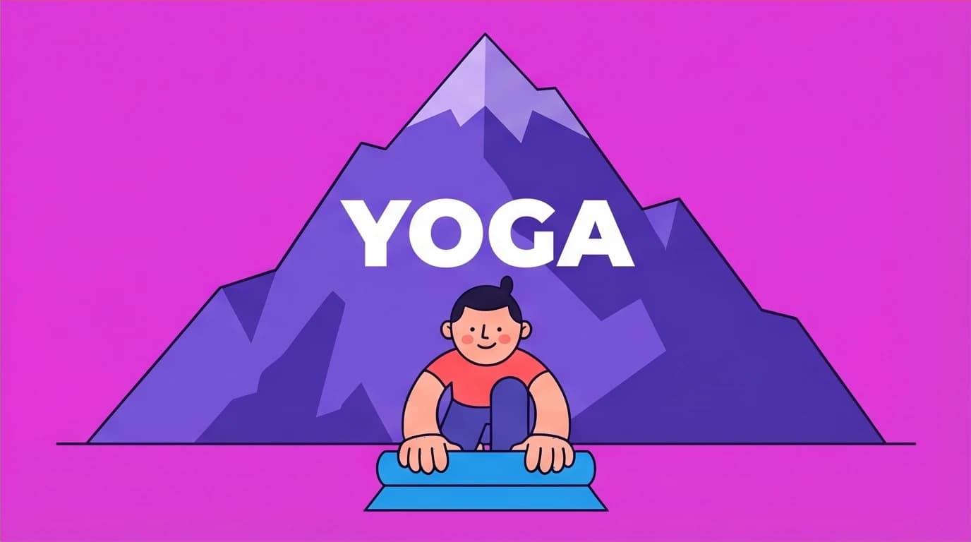 A person unrolls a small yoga mat before a huge mountain, visualizing the 'Two-Minute Rule' for building habits from 'Atomic Habits'.
