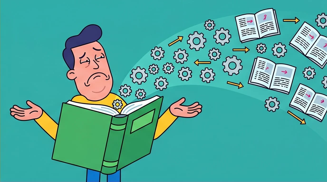 A character looking disappointed as simple gears fly out of the Atomic Habits book, illustrating the misconception that it's a magic solution.