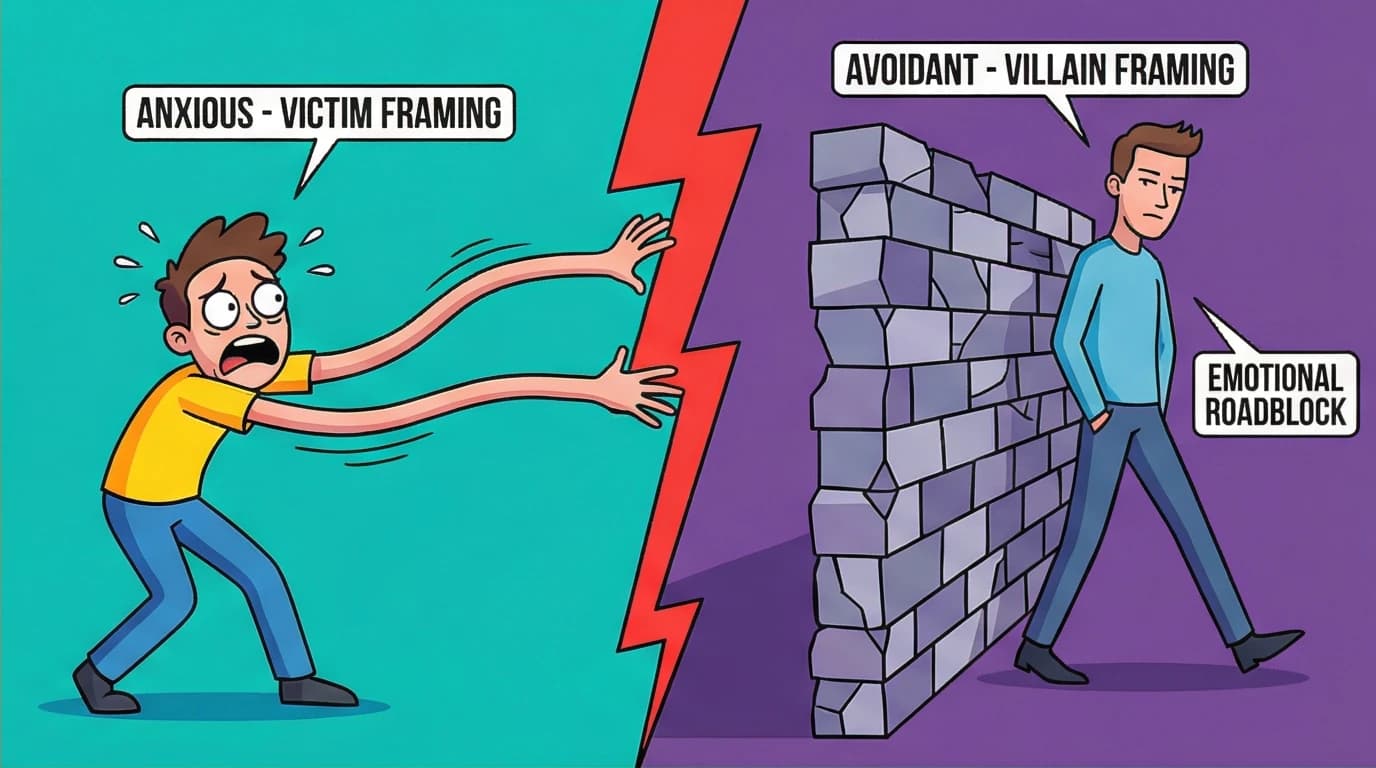 A conceptual image showing the rigid binary in the Attached book, where an anxious person is a victim and an avoidant person is a villain.
