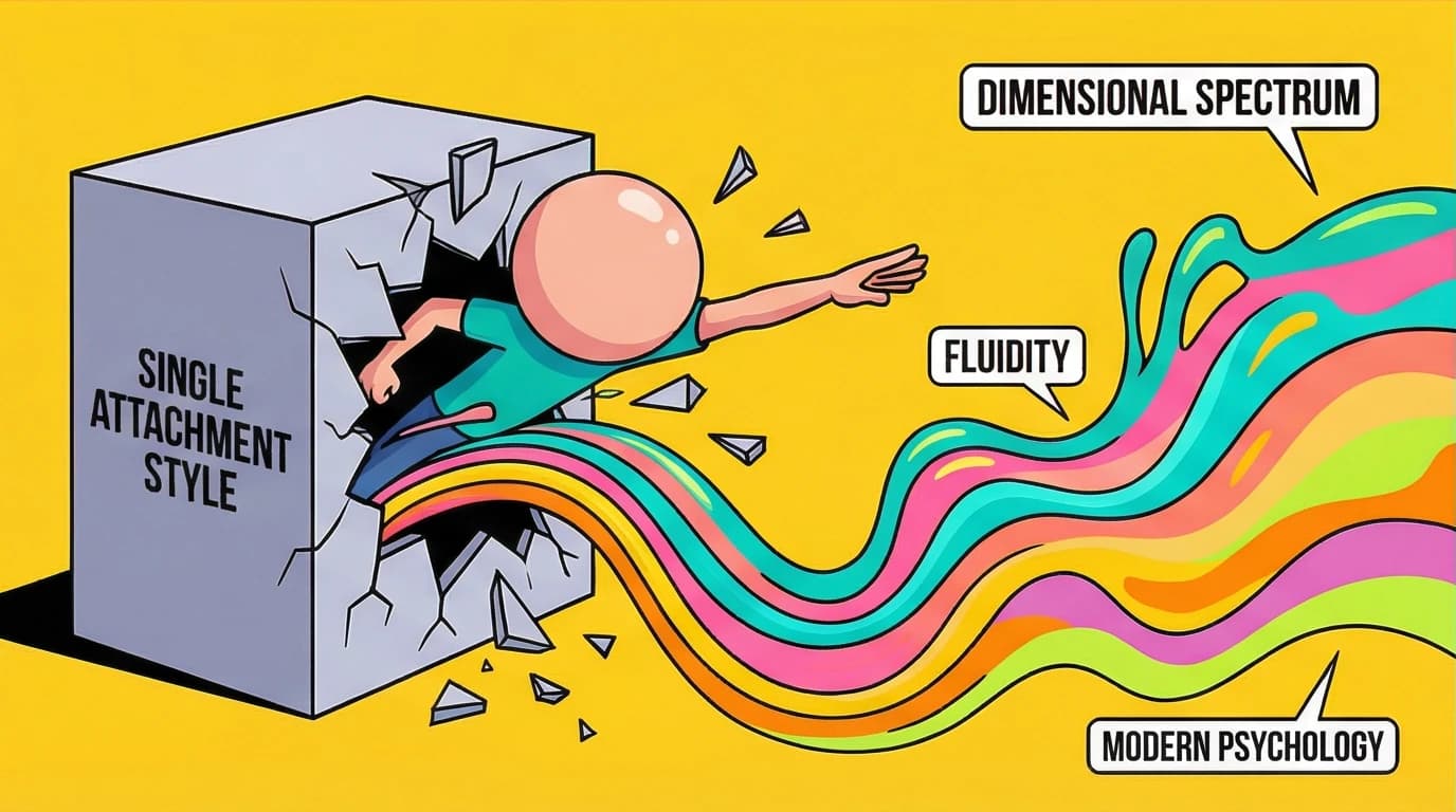 A character breaking free from a rigid box, representing the scientific criticism that attachment is a fluid spectrum, not a fixed category.