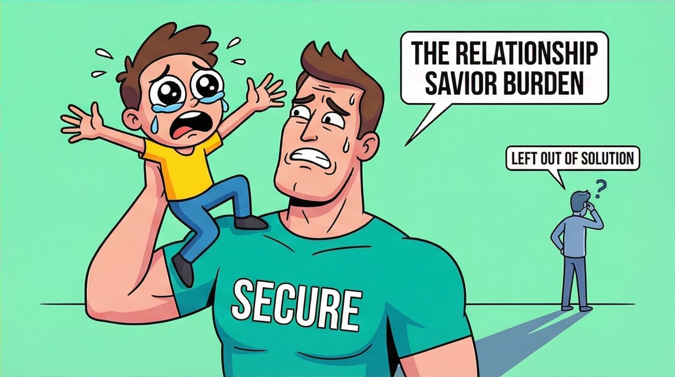 An illustration criticizing the book Attached's advice, showing an anxious person placing the full burden of healing onto a secure partner.