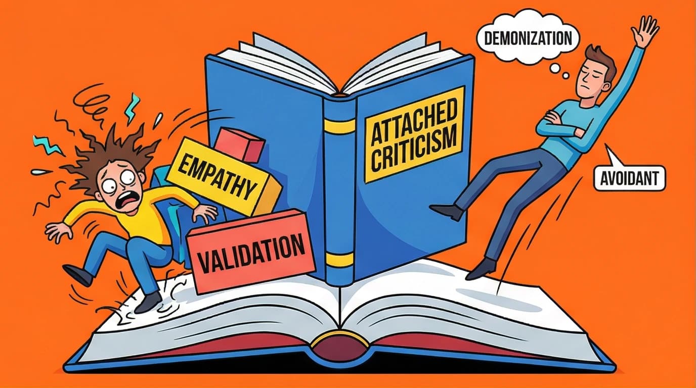 Illustration of the 'Attached' book criticism, showing an unbalanced scale that favors the anxious attachment style and demonizes the avoidant style.