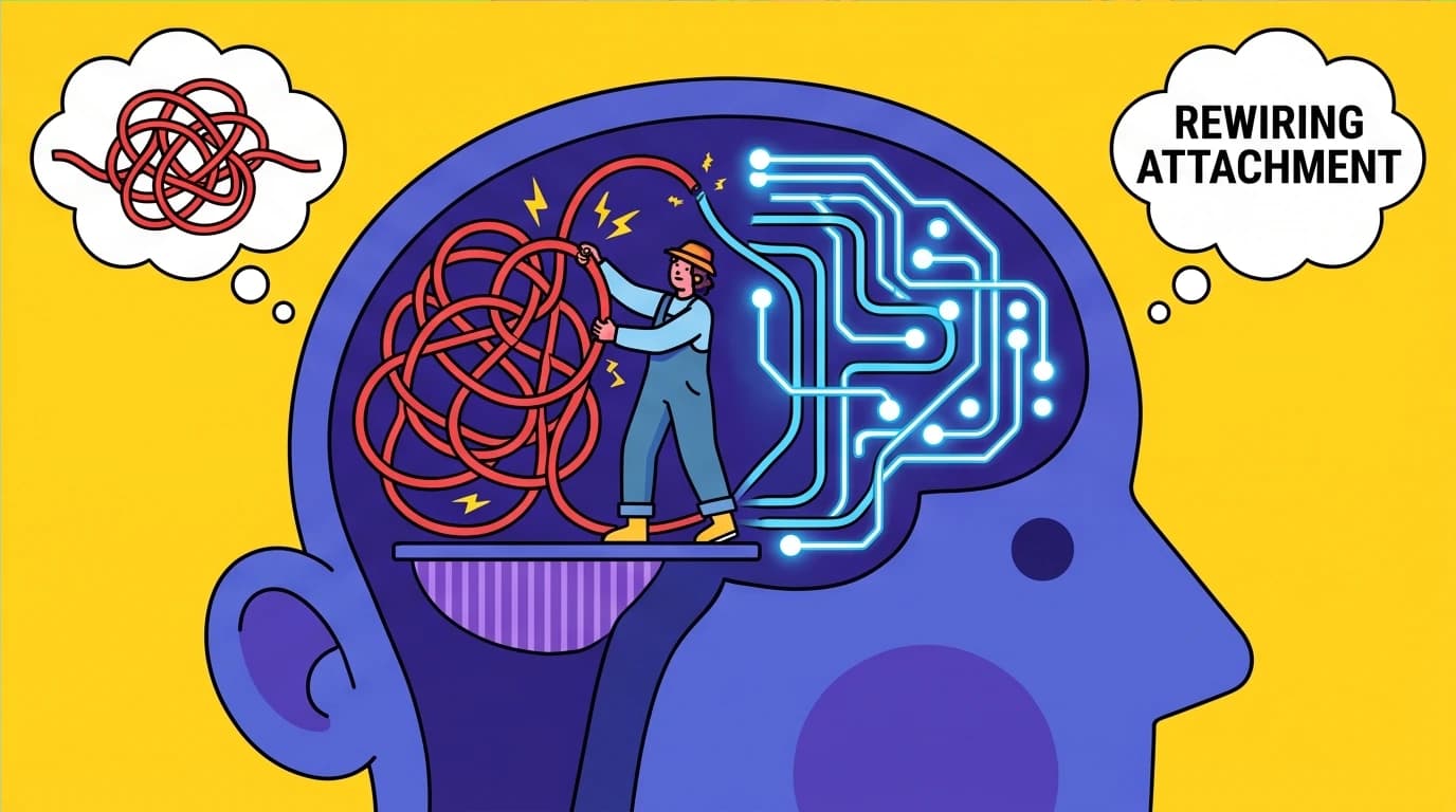 An illustration of rewiring the brain from anxious to secure attachment, demonstrating a key strategy from the attached book on how to find love.
