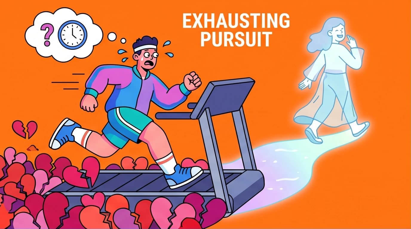Illustration showing a person on a treadmill chasing an unavailable partner, symbolizing the core attached book dating advice to stop the cycle.