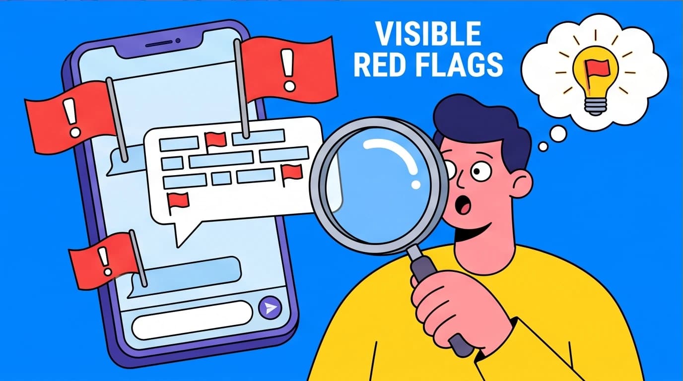 A character spotting attached book red flags on a phone, representing the importance of identifying warning signs from avoidant partners early.
