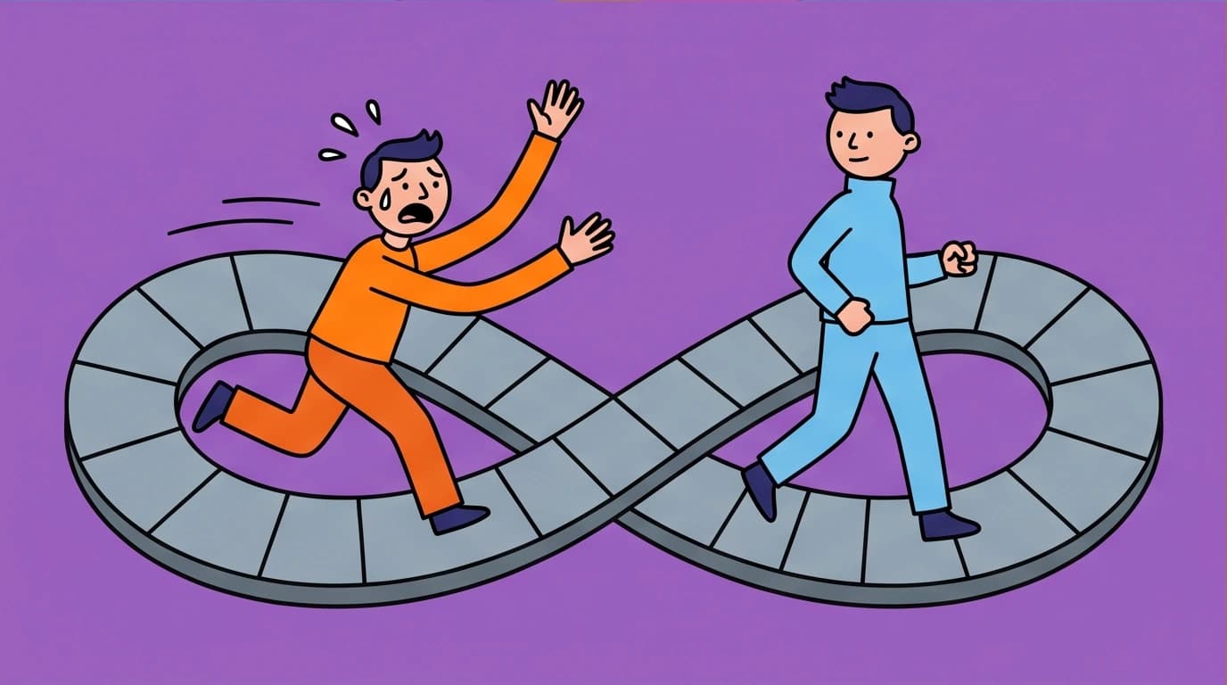 Illustration showing the anxious-avoidant trap, where one person chases another on an endless loop, a key concept from the Attached book review.