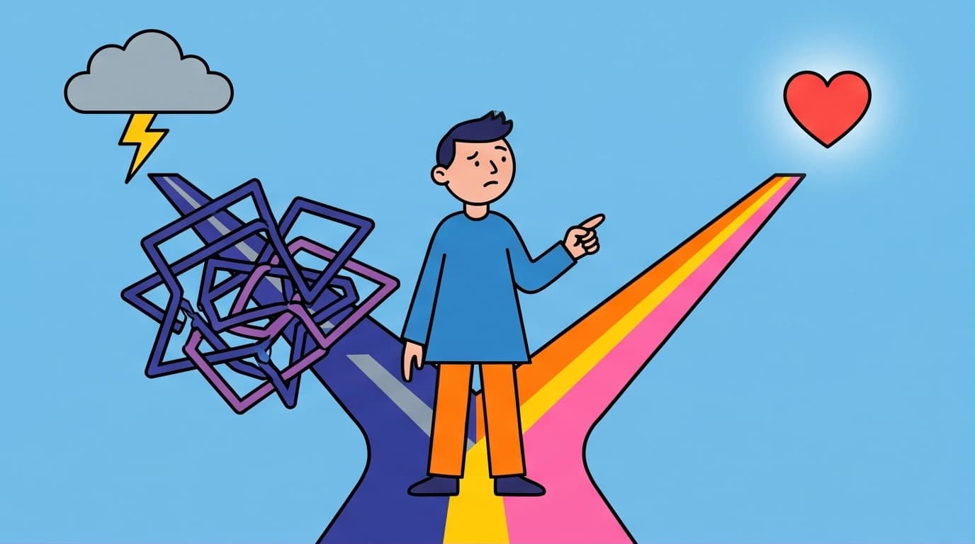 Illustration of a person choosing a clear path to love over a chaotic one, representing the Attached book summary's guide to adult attachment theory.