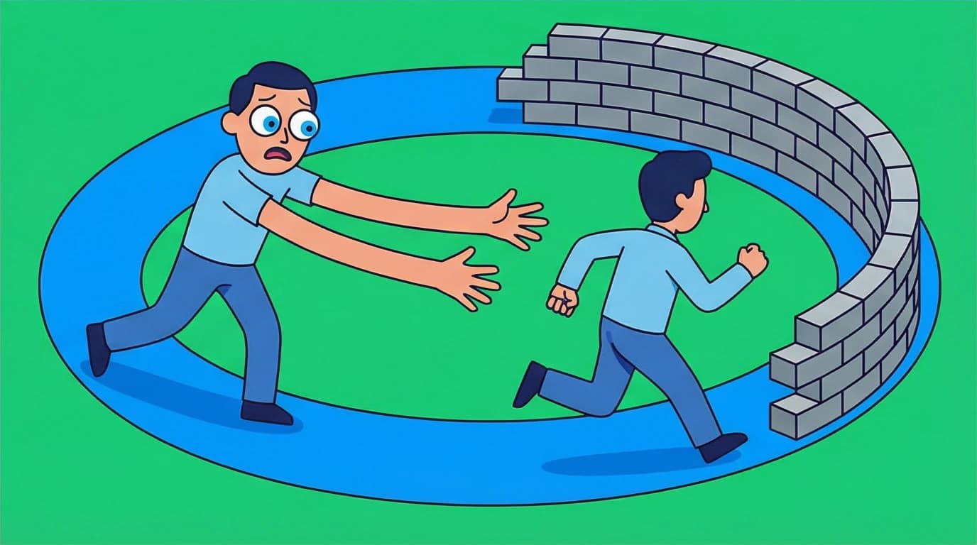 Two characters in an endless loop of chase and retreat, illustrating the toxic anxious-avoidant trap from the Attached book's quiz.