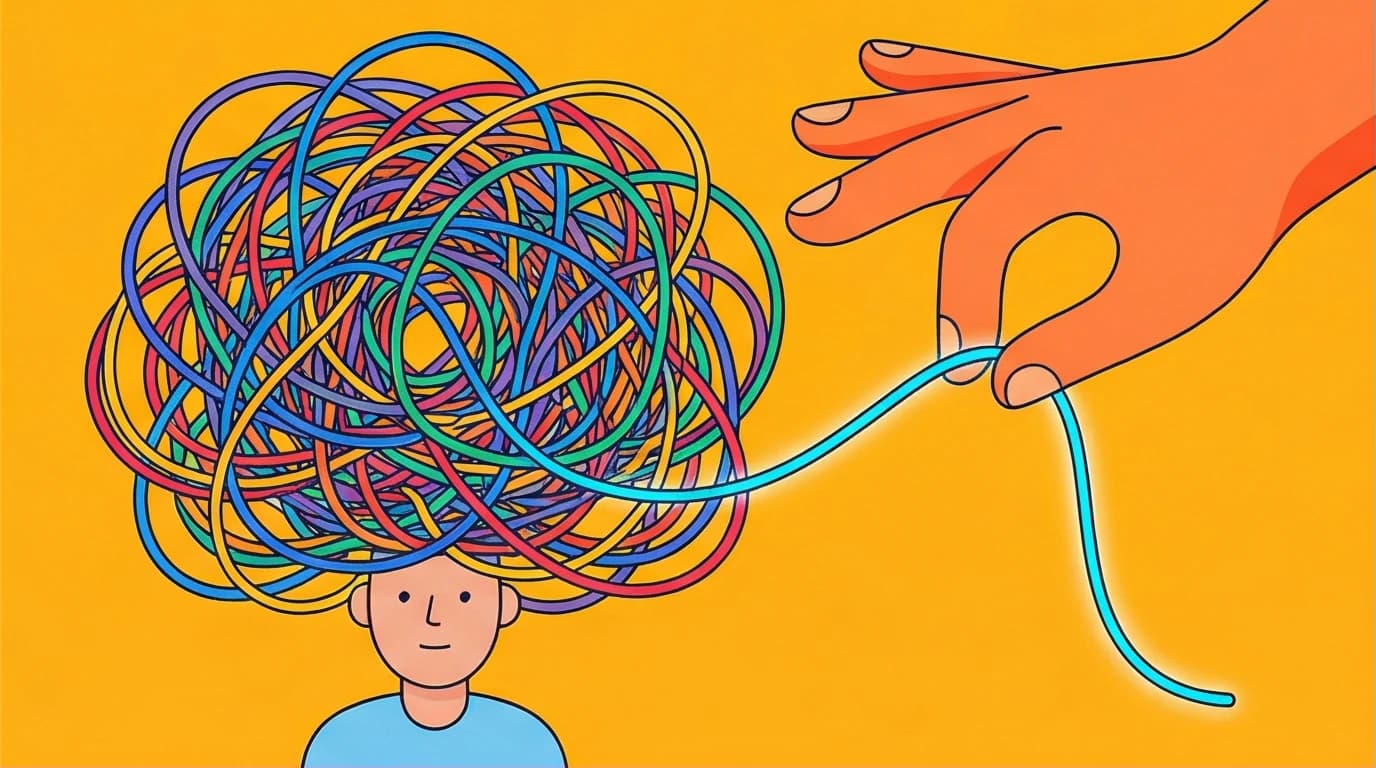 An illustration of a hand untangling chaotic emotional threads from a person's mind, symbolizing the clarity from the Attached attachment style quiz.