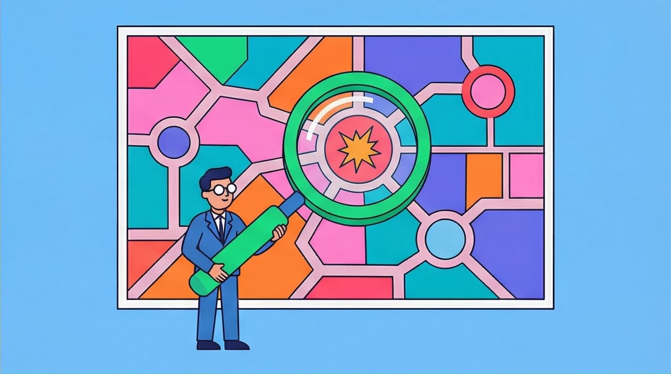 A person using a giant magnifying glass to examine a large emotional map, representing the process of identifying triggers with an attachment style quiz.