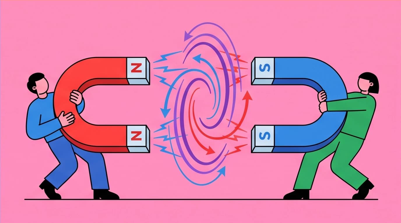 Two characters with opposing magnets representing the push-and-pull dynamic of the anxious-avoidant trap discussed in the Attached book.
