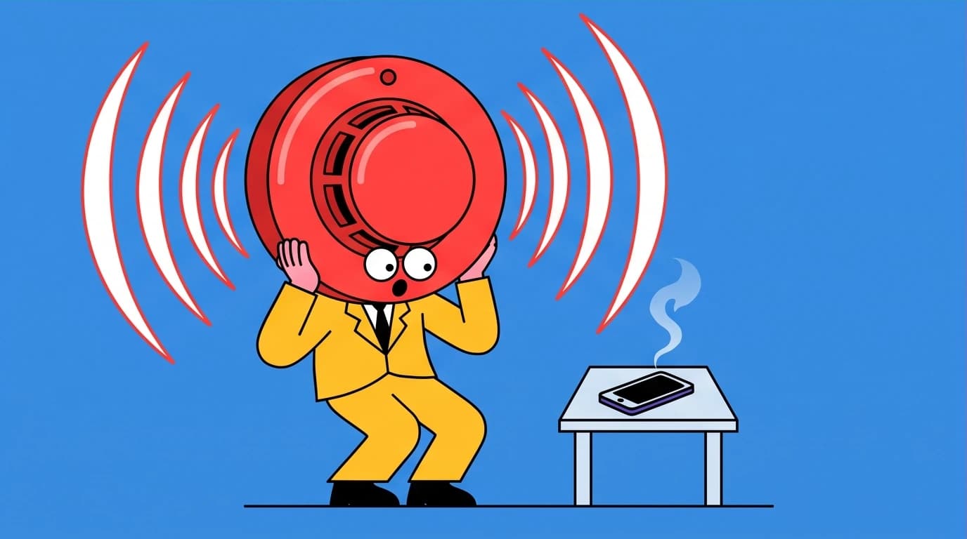 A person with a smoke detector for a head overreacting to a text message, showing the hypervigilance of the anxious attachment style.