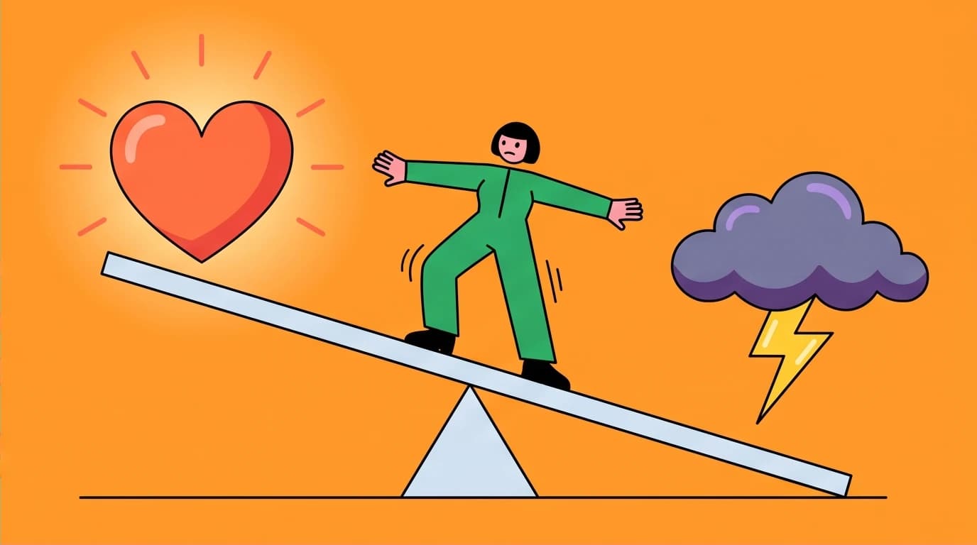 A character balancing between a heart and a storm cloud, illustrating the core variables of the attachment style quiz from the Attached book.