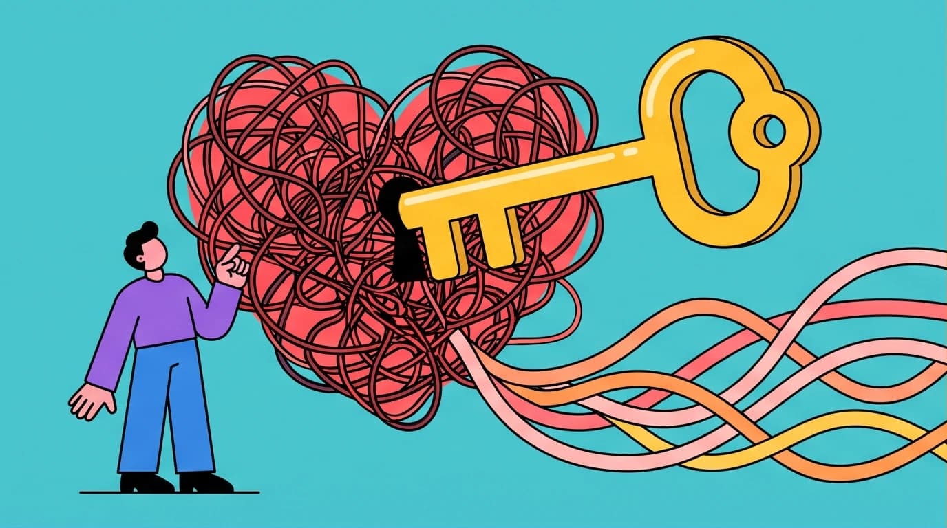 Illustration of a key unlocking a tangled heart, representing the Attached book criteria for an attachment style quiz to decode relationships.