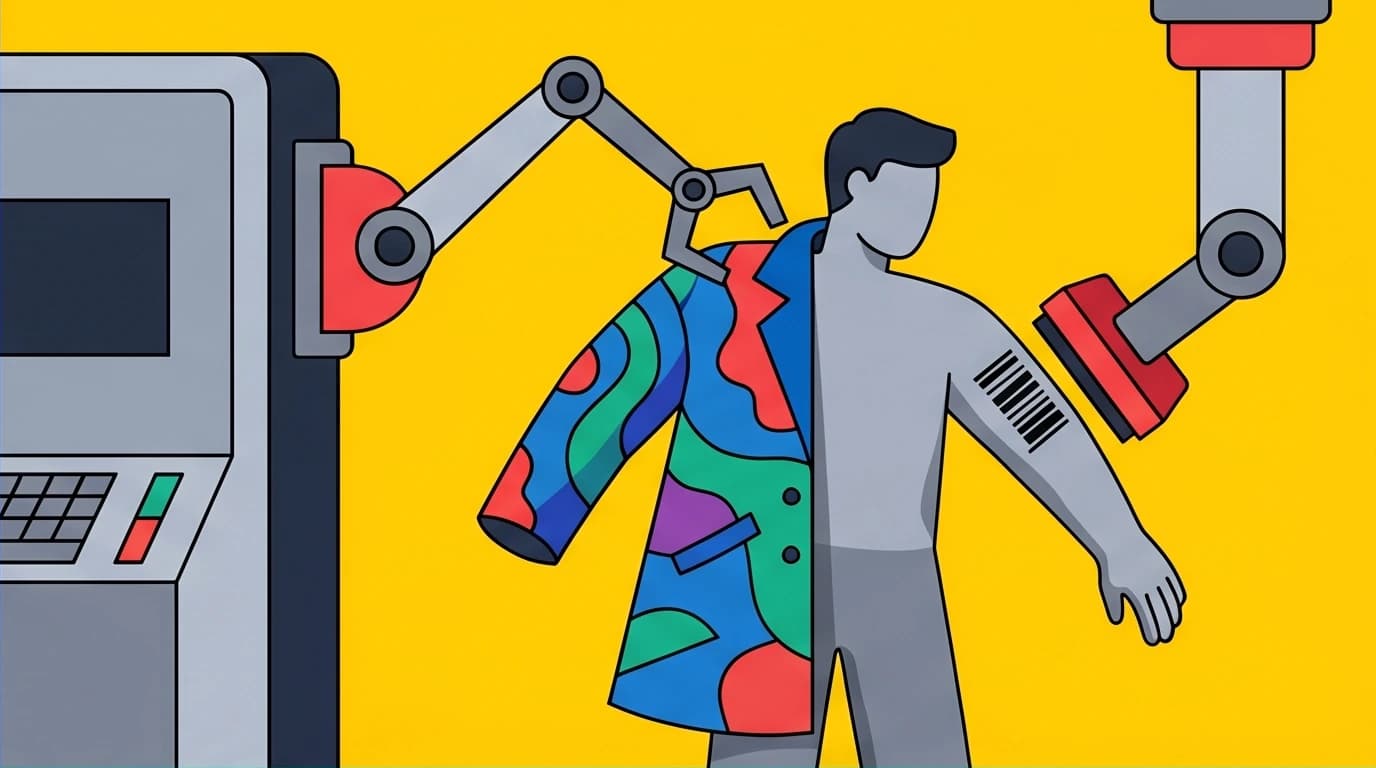 Vector art showing a machine stripping away a person's identity and replacing it with a number, symbolizing the dehumanization process in a Nazi concentration camp.