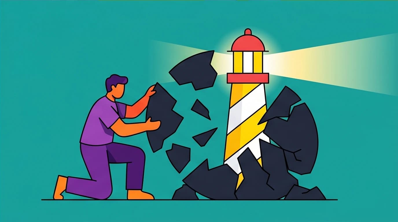 A concentration camp survivor transforms traumatic memories into a lighthouse, representing trauma recovery and finding new purpose by helping others.
