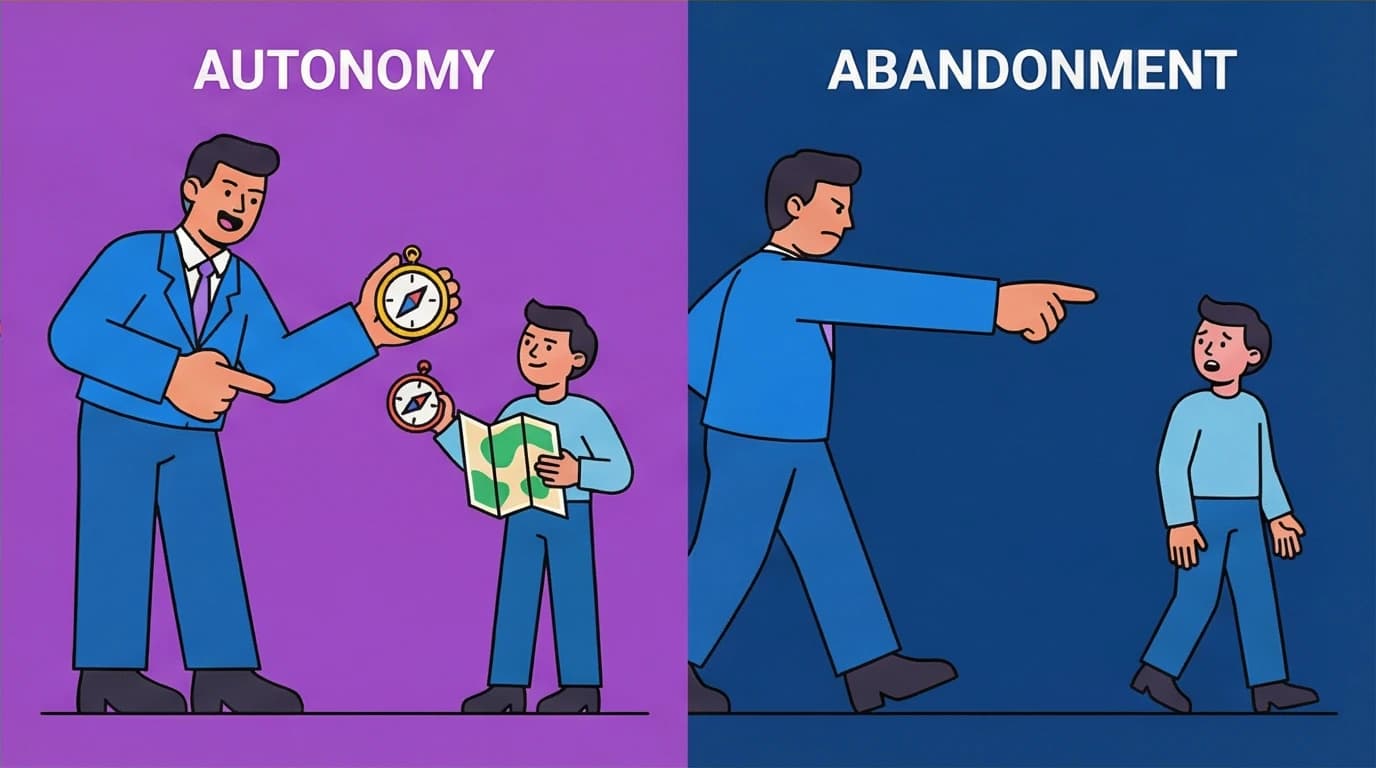 A visual contrast between supportive autonomy (a map and compass) and neglectful abandonment, a common pitfall in motivation strategies.