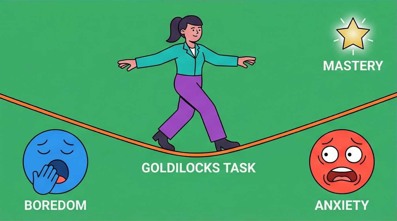 Illustration of a person on a tightrope between boredom and anxiety, representing the 'Goldilocks Task' required for achieving mastery.