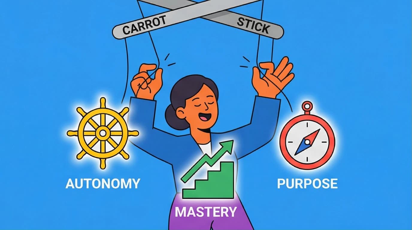 An illustration of a person joyfully juggling icons for Autonomy, Mastery, and Purpose, representing Daniel Pink's motivation framework.