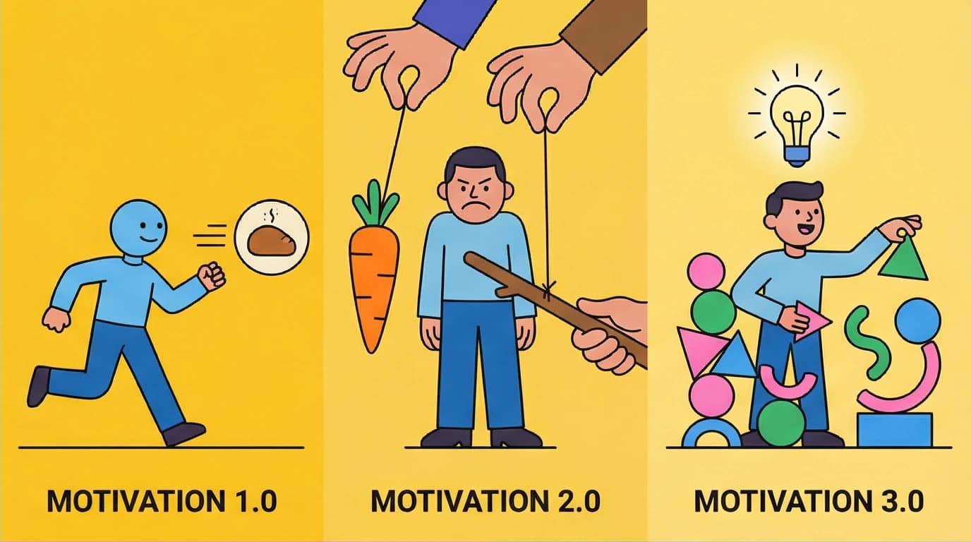 A visual timeline showing the evolution from Motivation 1.0 and 2.0 (carrot & stick) to the intrinsic creativity of Motivation 3.0.