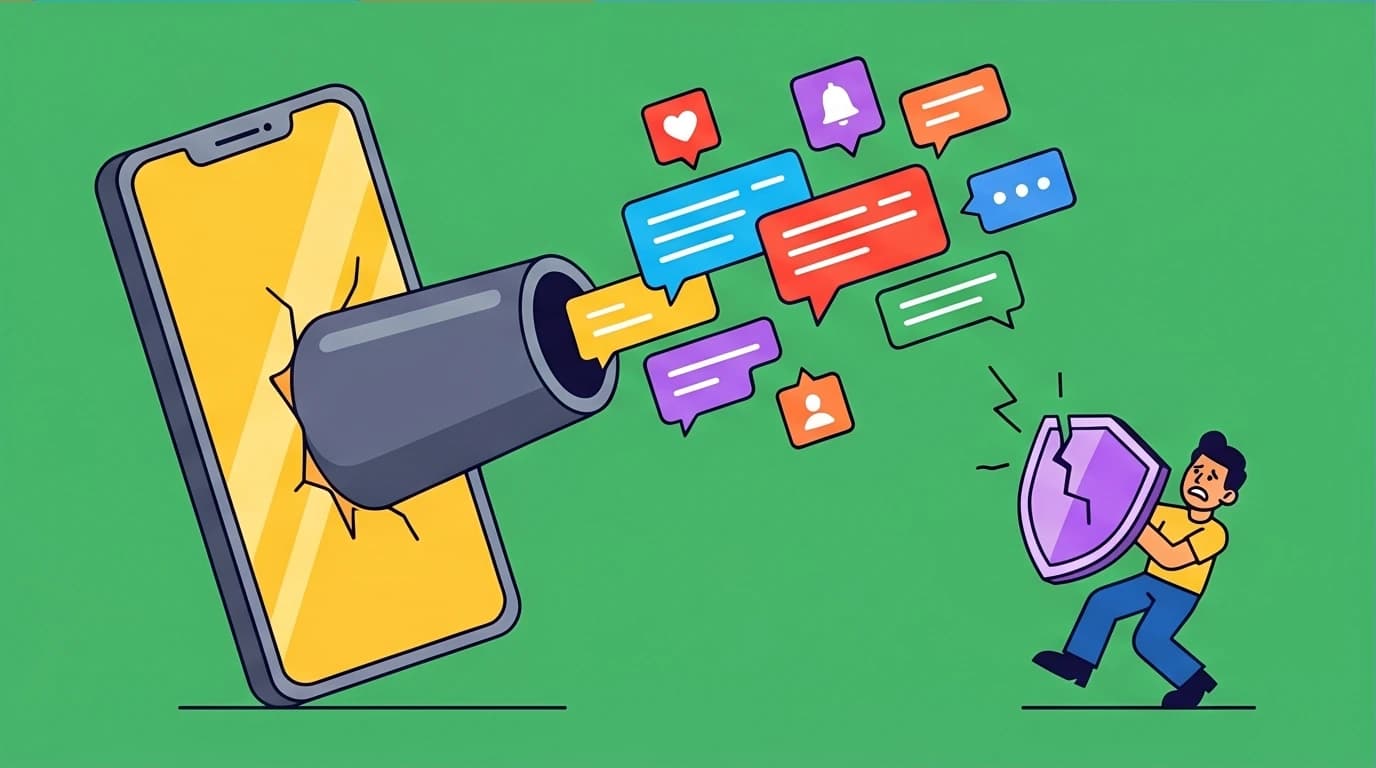 Illustration of message bombing where a huge phone overwhelms a partner, showing a common communication mistake with avoidant attachment types.
