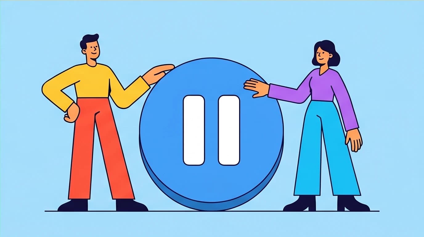 Two partners using a giant pause button to manage conflict, representing a healthy communication strategy for an avoidant attachment relationship.