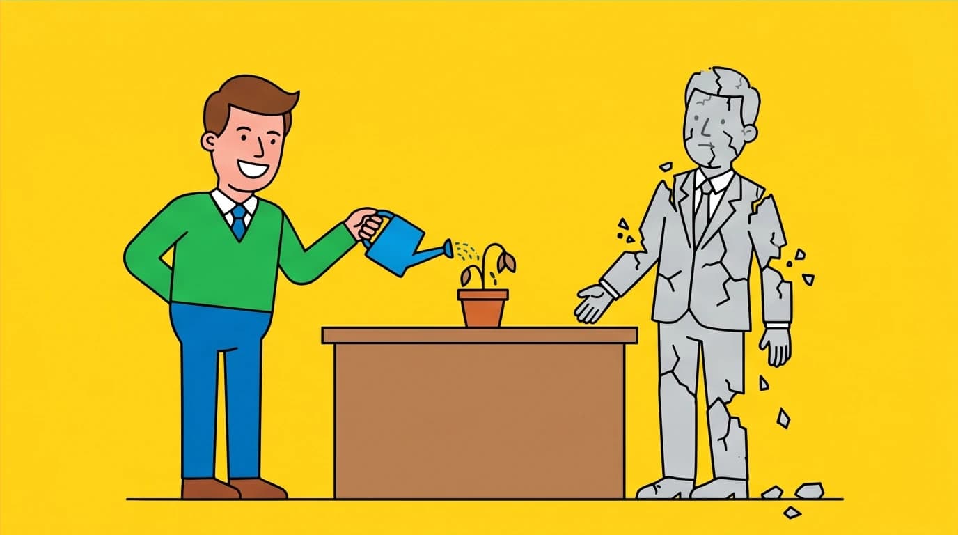 A modern leadership lesson from Bartleby, showing a boss's superficial empathy failing to address an employee's severe burnout.