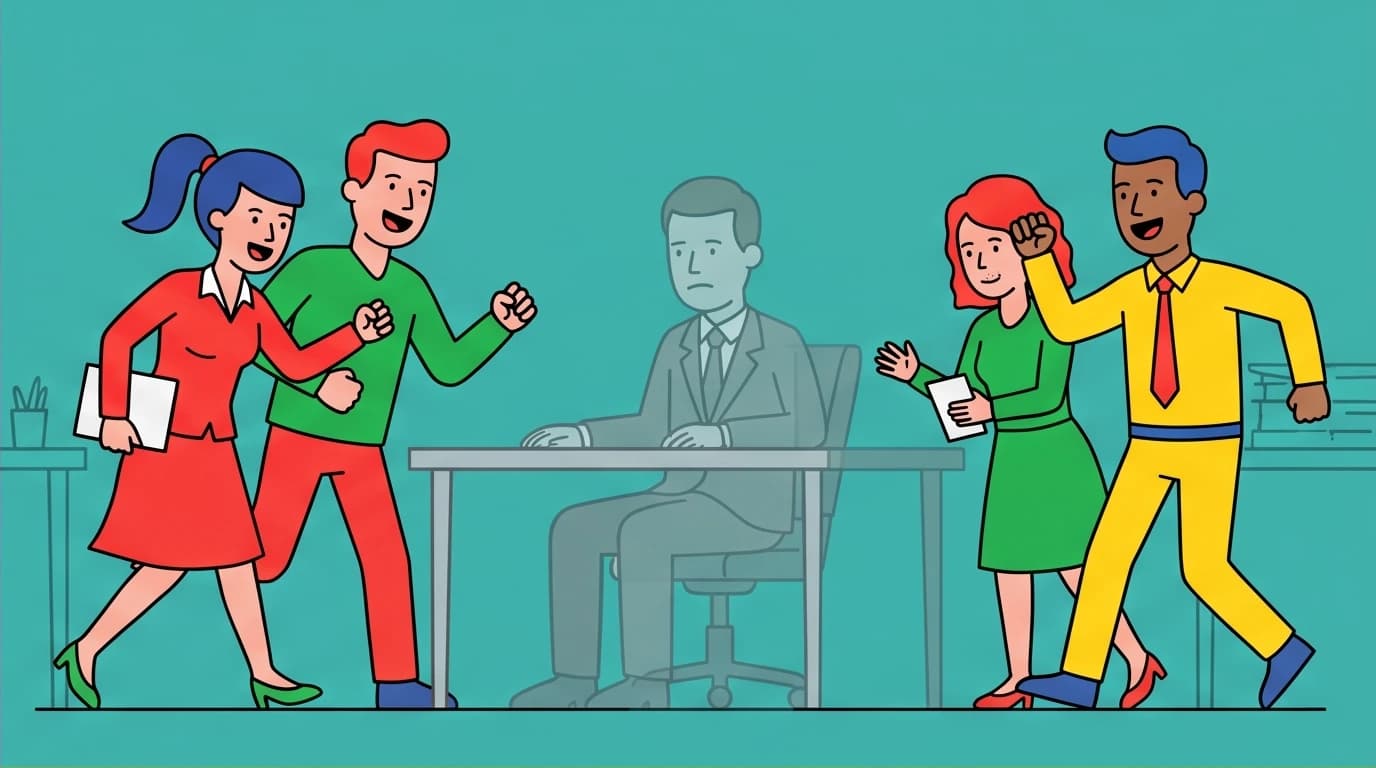 An illustration of Bartleby's workplace alienation, a key character trait where he fades away at his desk, ignored by coworkers.