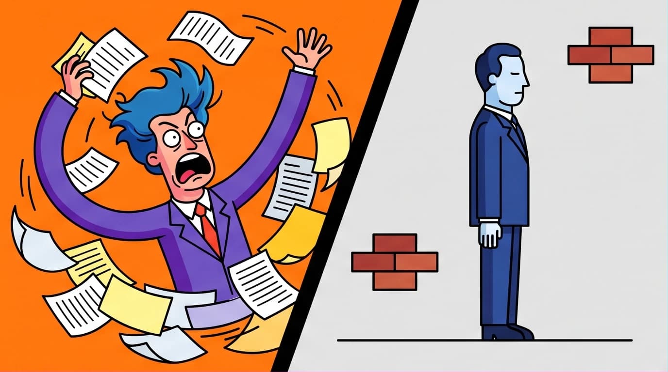 An illustration for the Bartleby the Scrivener study guide showing the contrast between the frantic lawyer and the passive Bartleby.