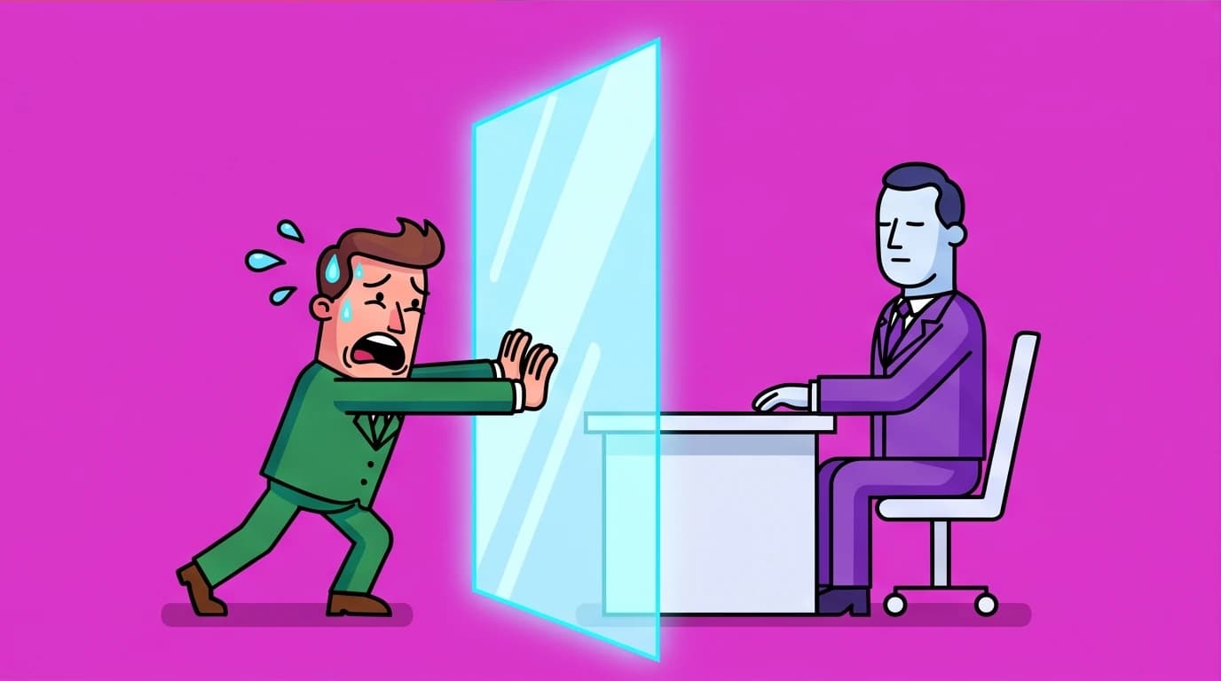 Illustration depicting the theme of passive resistance from Bartleby the Scrivener, where the lawyer is blocked by Bartleby's inaction.