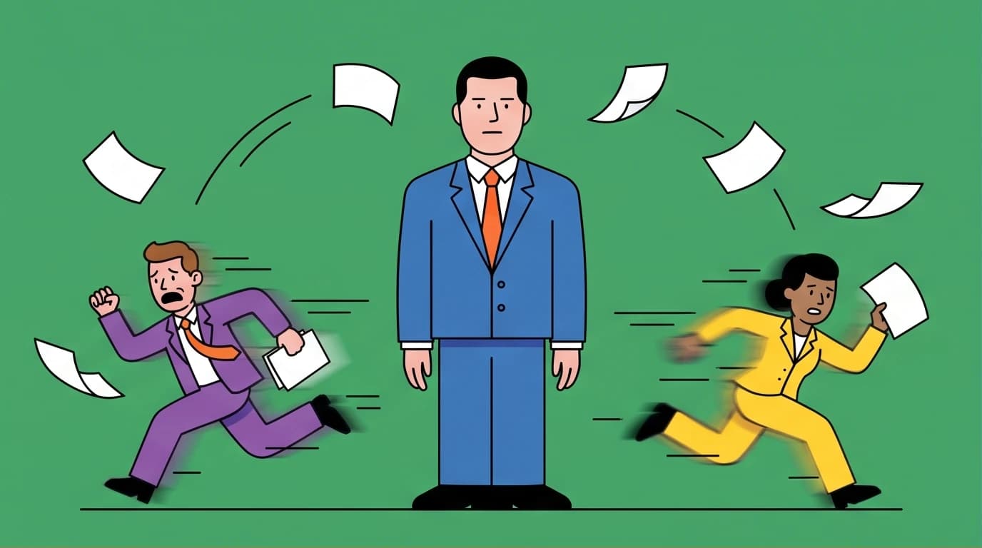 An illustration for the 'Bartleby the Scrivener' summary showing a calm clerk representing passive resistance against a chaotic Wall Street system.