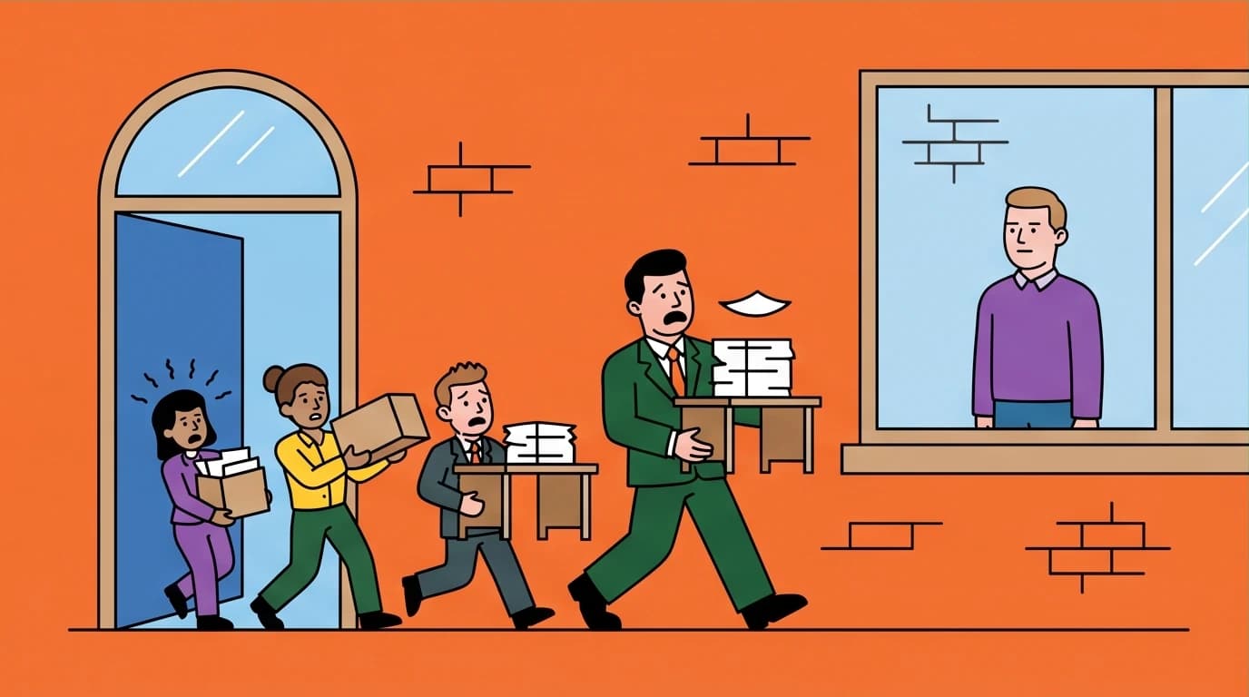 A visual summary of the lawyer's desperate solution in 'Bartleby the Scrivener': moving his entire office to escape the passive clerk.