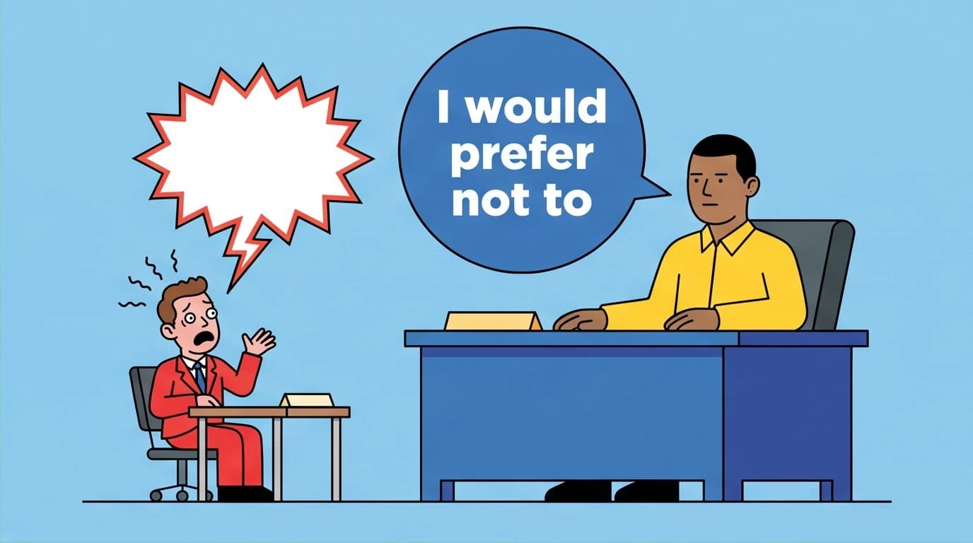 An illustration depicting Bartleby's famous quote, 'I would prefer not to,' showcasing a key plot point about his passive resistance.