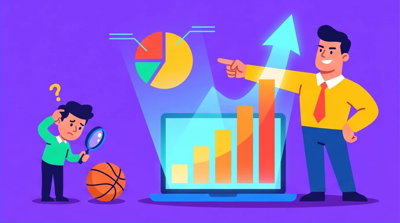 An illustration comparing the old 'eye test' to modern basketball analytics, a key topic in data-driven basketball strategy books.