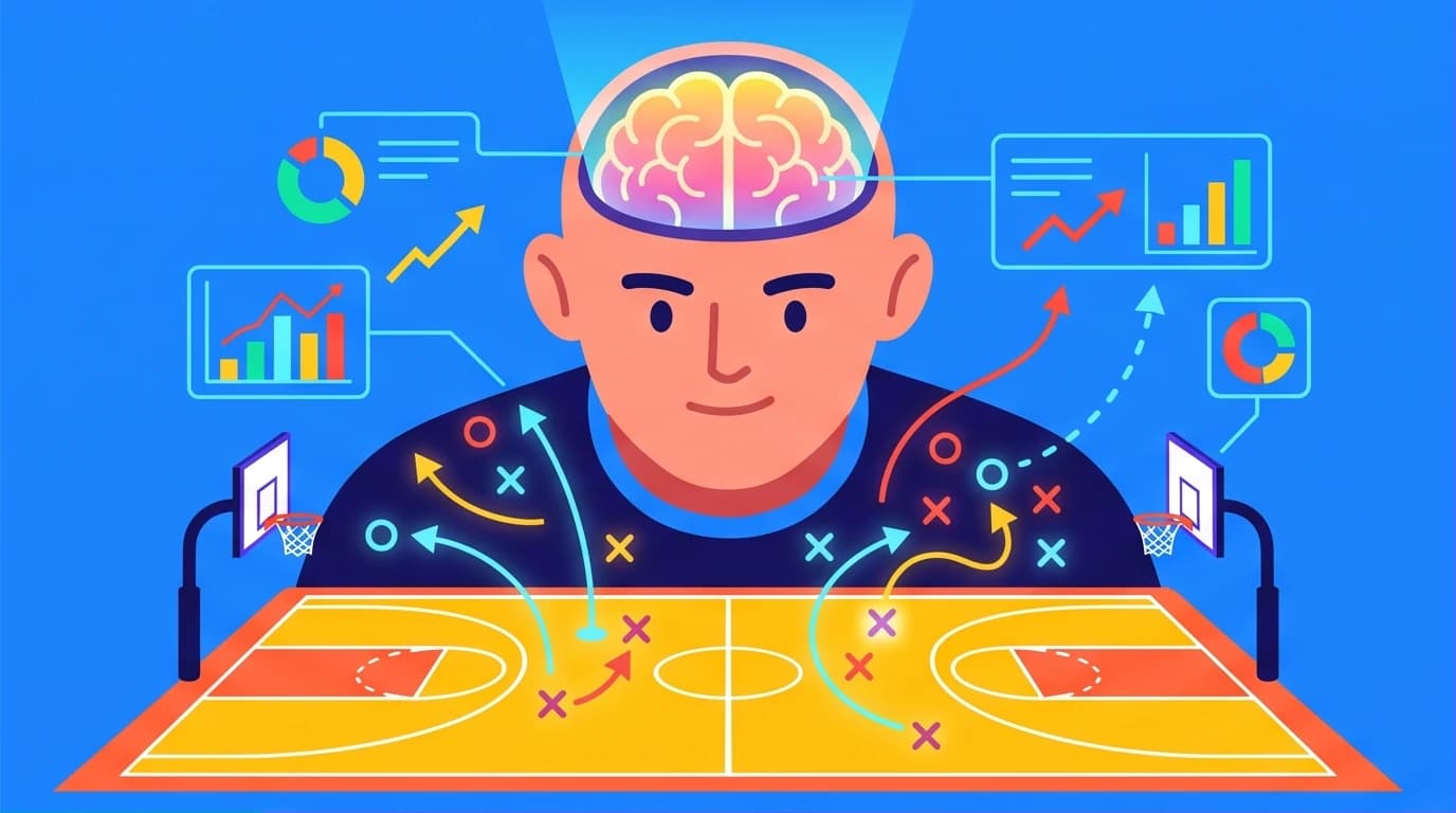 A brain analyzing a basketball court as data and X's and O's, representing the deep knowledge gained from basketball strategy books.