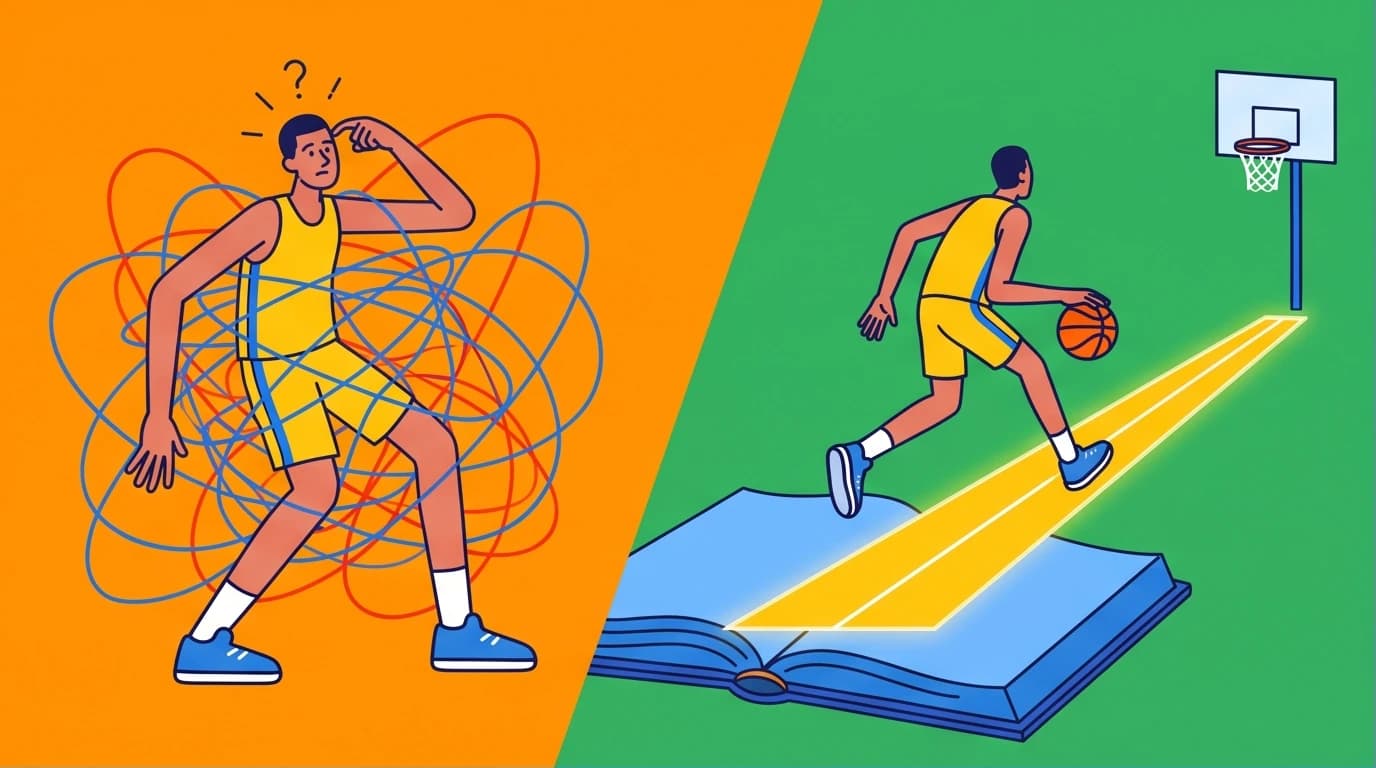Illustration of a player using basketball training books to find a structured path to improved on-court performance, avoiding random practice.