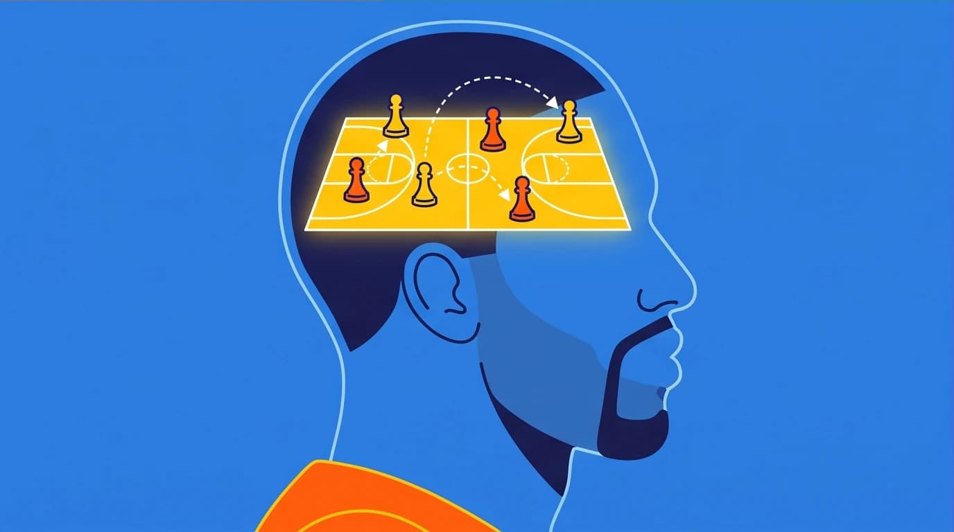 Art showing a player's mind as a strategic court, highlighting how books are used to improve basketball IQ and mental on-court performance.